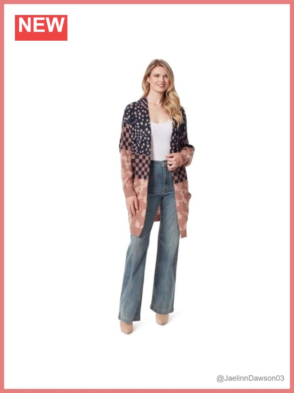 Jacquard Cardigan Sweater with Patch Pockets Long Sleeve V-Neck Open Front